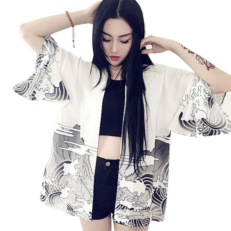 ZooBoo Women Japanese Kimono Cardiga Harajuku Bathrobe Cardigan Sunscreen Clothes Pajamas Knitting Coat - White/Black (White)